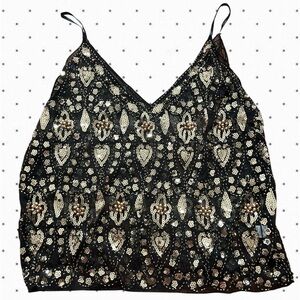 Embellished Mesh Black Gold Sequin Ibiza Tank Top
